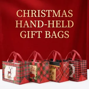 Christmas Gift Bags Non Woven Fabric Reusable Laminated Waterproof Buffalo Plaid Reindeer Patterns Holiday Party Grocery Tote