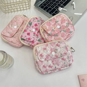 Detail of four floral quilted fabric coin purses with snap buttons and zipper rings