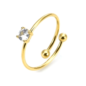 Adjustable spiral titanium steel ring in gold finish with a round clear zircon stone