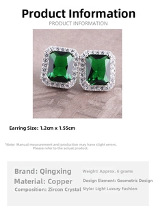 Detailed view of rectangular emerald zircon earrings with white pave border and size specs