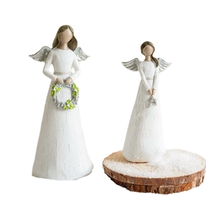 Two white resin angel statues with birch texture for Christmas tabletop decor