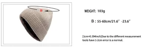 Size chart for knit beanie showing 103g weight and 55-60cm head circumference guide