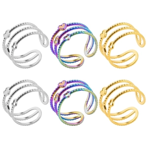 Heart Shaped Multi Layer Open Ring 304 Stainless Steel Hollow Out Adjustable Beaded Texture Minimalist Jewelry Women Men