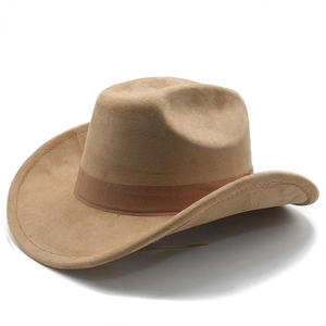 Classic tan faux suede Western cowboy hat with rolled brim and grosgrain ribbon band