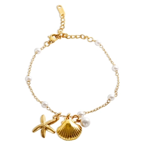Parure bijoux en acier doré avec pendentifs étoile de mer, coquillages et perles
