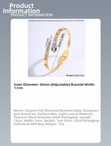Macro detail of gold-plated snake bracelet showing precise dimensions and 18k crystal inlay