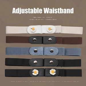 Women Lazy Elastic Invisible Belt For Jeans Pants No Buckle Adjustable Waist Belt With Daisy Floral Decoration Alloy Fabric