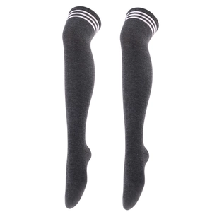 Detail of dark grey over-the-knee socks featuring three white stripes and cotton knit texture