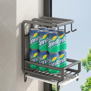 Wall-mounted dark grey kitchen organizer for sponge and dishcloth with drainage tray