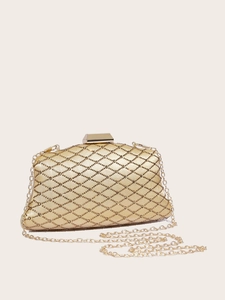 Elegant gold satin evening clutch bag with quilted rhinestone pattern and chain strap