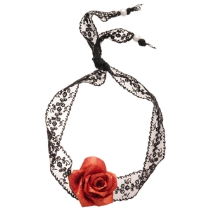 Gothic lace choker necklace featuring a red metallic rose pendant and bead ties