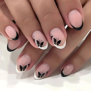 Unghie Finte Press On French Tip Farfalla Nera Corte Tonde Ovali Unghie Artificiali Manicure Elegante Stile Semplice Da Donna