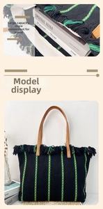 Macro detail of spacious woven beach tote with black fringe and premium brown leather handle