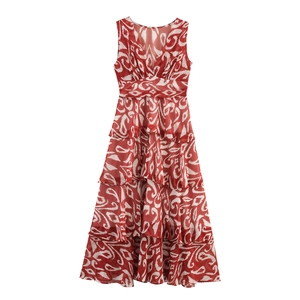 Robe Maxi En Mousseline Sans Manches À Col En V Imprimé Géométrique À Volants Superposés Style Bohème De Vacances
