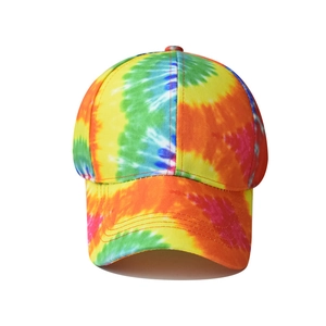 Close-up of vibrant tie-dye pattern on cotton baseball cap with curved brim and top button