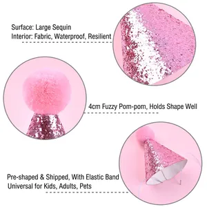 Pink sequin party hat for pets and kids with fuzzy pom pom and elastic strap