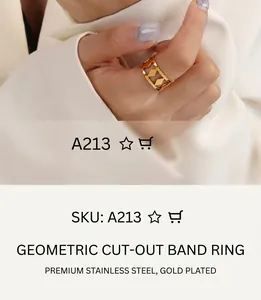 Detail of a gold-colored geometric hollow ring featuring a stylish double-row diamond pattern