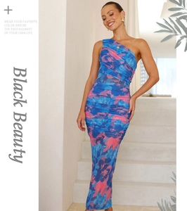 Detail of blue floral mesh dress featuring an asymmetric shoulder and elegant ruched texture