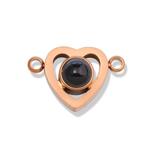 Rose gold heart-shaped connector pendant with black projection stone for necklaces
