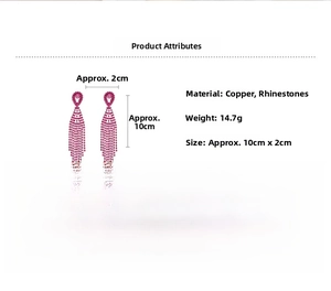 Detail view of rose red rhinestone long tassel earrings with copper material specs