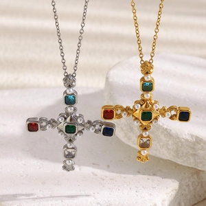 Retro Cross Pendant Necklace Stainless Steel 18K Gold Plated Imitation Artificial Pearl Zircon Baroque Style For Women