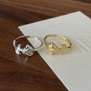 Detailed macro view of 925 silver rose rings in gold and silver finish with open band