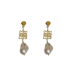 Elegant vintage gold earrings with Anagram metalwork and baroque pearl drops for women