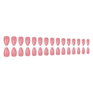 Short almond press-on nails in nude pink with a glossy finish, 30-piece full set
