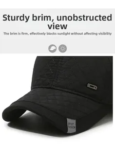 Close-up of black quilted baseball cap with Sport Fashion label and stiff visor detail
