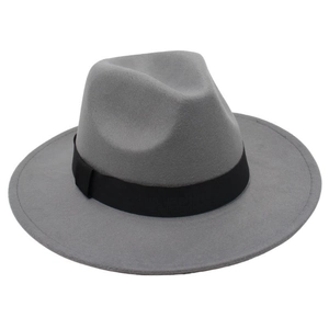 Detail view of grey wool felt jazz fedora hat featuring a classic black grosgrain band