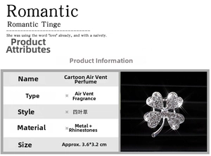 Macro shot of silver four-leaf clover vent clip with sparkling rhinestones for car interior
