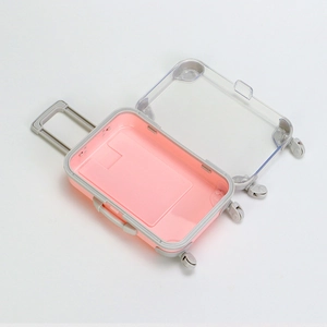 Pink and grey mini toy suitcase with transparent lid and retractable handle