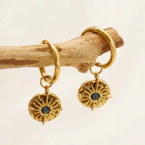 Golden stainless steel sunburst earrings with blue center stone on a wooden branch
