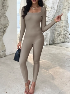 Close-up of khaki ribbed long sleeve bodysuit with square neckline on model