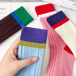 Vibrant color-block ribbed cotton socks in various mixed tones for trendy daily casual wear