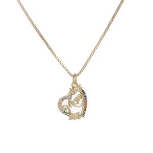 Gold heart MOM pendant necklace with colorful gemstones on a gold box chain for women