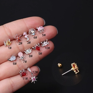 Boucles Oreille Cartilage Océan Avec Tige En Acier Inoxydable Zircon Poisson Coloré Hippocampe Fermoir À Boule