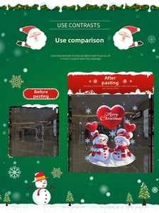 Detail von süßen Schneemännern und Merry Christmas Aufklebern auf einer Glasfläche