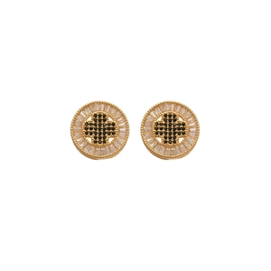 Vintage round gold-plated stud earrings with black and clear cubic zirconia stones