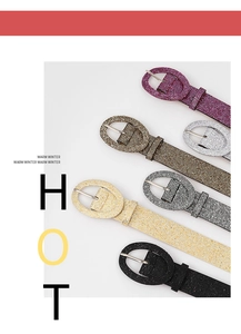 Fashionable sparkling waist belts with oval metal buckles in six different glitter colors