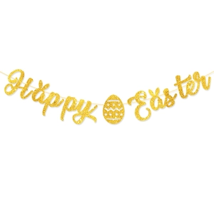 Detail of golden glitter Happy Easter banner with decorative egg on white background