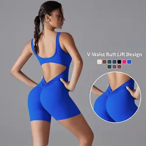 Romper De Yoga Femmes Nylon Élasthanne Sans Manches Dos Nu Découpe Scrunch Butt Taille En V Bodysuit Fitness
