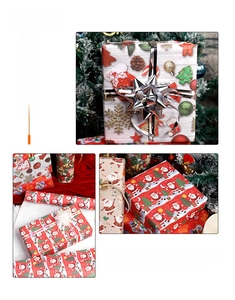 Detailed view of Christmas wrapping paper with Santa patterns, silver bows and festive ribbons