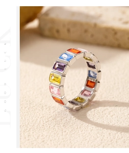 Macro shot of silver band ring featuring colorful rectangular rainbow crystals