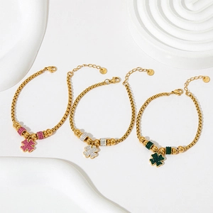 Bracelet Trèfle Porte-bonheur Acier Inoxydable Incrusté De Strass Chaîne Gourmette Élégant Réglable Pour Femmes