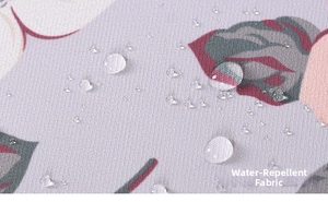 Close-up of water-repellent floral fabric with water droplets on lavender laptop sleeve