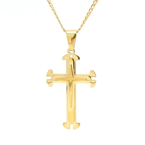 Detailed view of gold plated stainless steel cross pendant with 3D starburst design