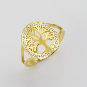 Detailed view of 18K gold tree of life open ring with sparkling crystal inlay