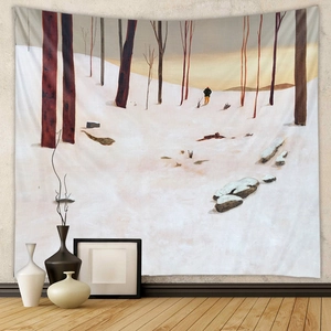 Detail of bohemian winter forest tapestry texture on a textured off-white wall