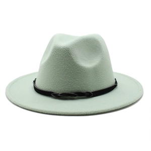 Detail of mint green wool fedora hat featuring a black braided leather hatband